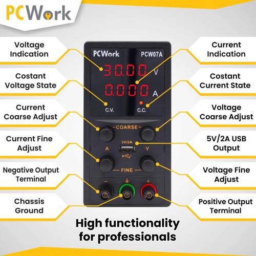 PCWork, PCW07A, Labornetzgerät, regelbar, 0-30V DC, 5A, USB