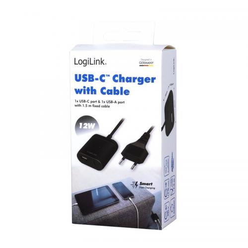 Dual USB Schnellladegert / Netzteil, USB-C + USB-A, 12W, 1,5m Kabel, schwarz