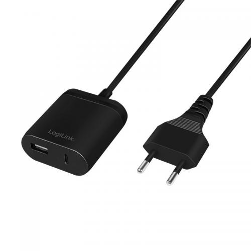 Dual USB Schnellladegert / Netzteil, USB-C + USB-A, 12W, 1,5m Kabel, schwarz