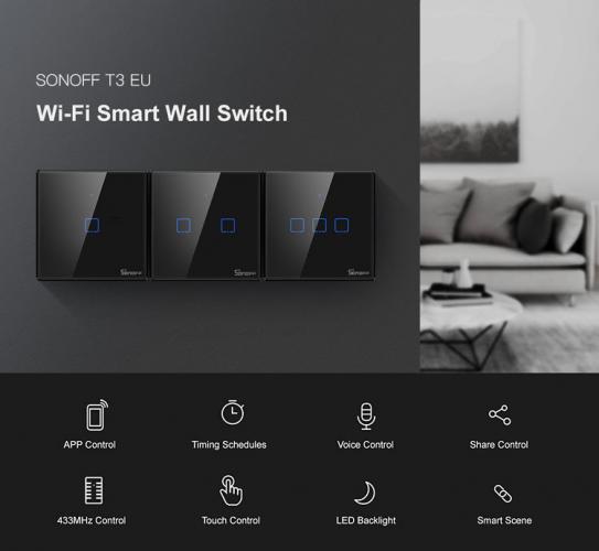 Sonoff T3EU2C-TX Smart Wall Switch, 2-Kanal Wand-Schaltaktor, schwarz, mit Rahmen, WiFi + 433MHz