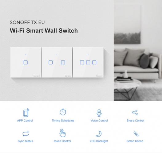 Sonoff T0EU1C-TX Smart Wall Switch, 1-Kanal Wand-Schaltaktor, wei, ohne Rahmen, WiFi