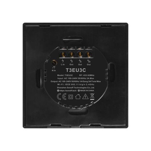 Sonoff T3EU3C-TX Smart Wall Switch, 3-Kanal Wand-Schaltaktor, schwarz, mit Rahmen, WiFi + 433MHz