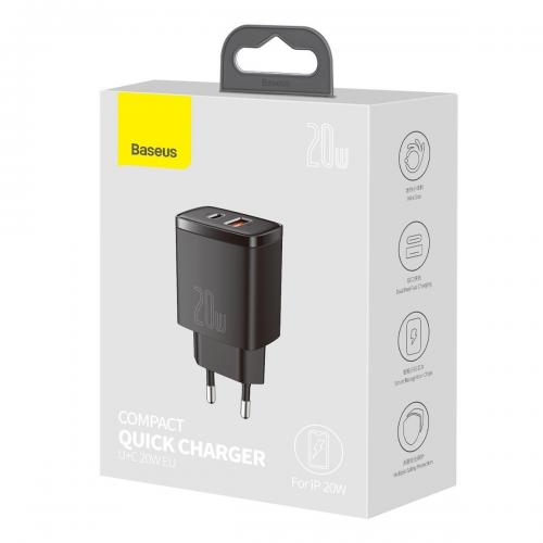 Baseus Compact Quick Charger / Ladegert, USB-C + USB-C, 20W, schwarz