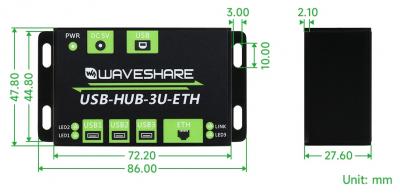 Waveshare Industrieller USB 2.0 Hub: 3x USB Port Erweiterung + RJ45 Ethernet Port, ohne Netzteil