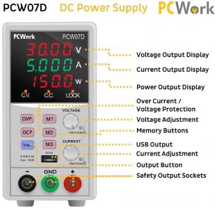 PCWork, PCW07D, Labornetzgerät, regelbar, 0-50V DC, 6A, USB, Memory Funktion