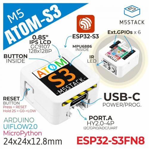 M5Stack ATOMS3 Entwicklungs-Kit, ESP32-S3, WiFi, 0.85