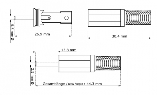 DC-Stecker / Hohlstecker 5,5x2,5mm mit Knickschutz - Ltmontage