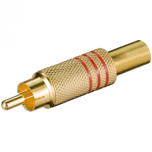 Cinchstecker, Metallausführung mit Knickschutz für Kabel ø7,0mm, Lötmontage - Farbe: rot