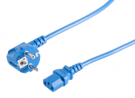 Kaltgerte Netzkabel Schutzkontakt-Stecker abgewinkelt  IEC320-C13 Buchse blau - Lnge: 1,80m