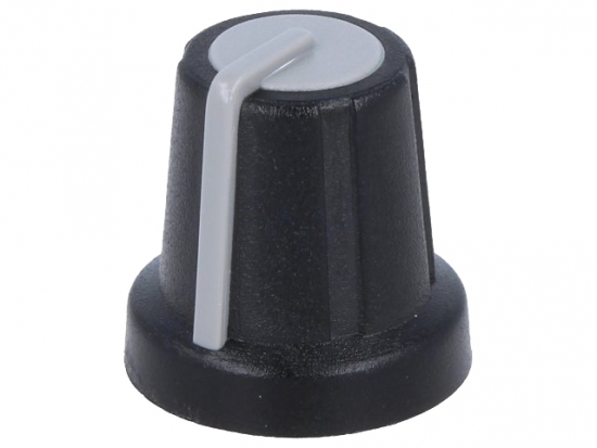 Drehknopf für gerändelte 6,0mm Achse, mit Anzeige, 16x16mm, schwarz/grau