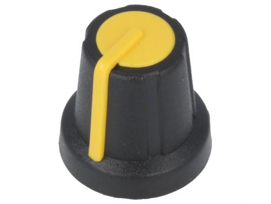 Drehknopf für gerändelte 6,0mm Achse, mit Anzeige, 16x16mm, schwarz/gelb
