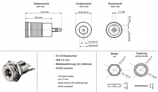 DC-Einbaubuchse für Hohlstecker 5,5x2,5mm, Metallausführung - Lötanschluss