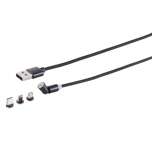 Magnetisches USB Ladekabel Set, 3 in 1, 540°, schwarz, 1,20m