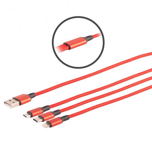 3-fach USB Ladekabel, Micro USB - USB Type C - 8-Pin, rot, 1,2m