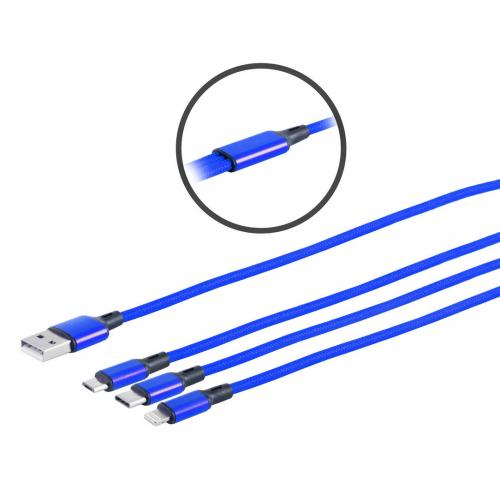 3-fach USB Ladekabel, Micro USB - USB Type C - 8-Pin, blau, 1,2m