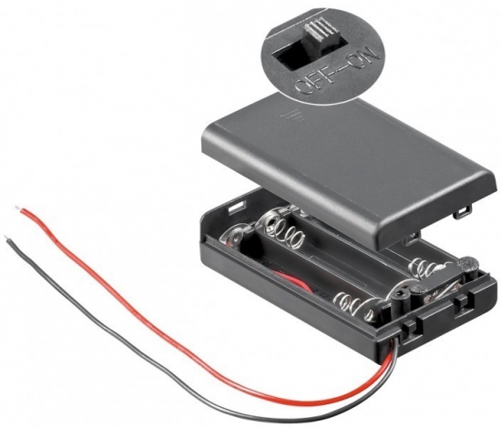 Batteriehalter für 3x Microzellen AAA mit 150mm Anschlusskabel, geschlossenem Gehäuse und Schalter