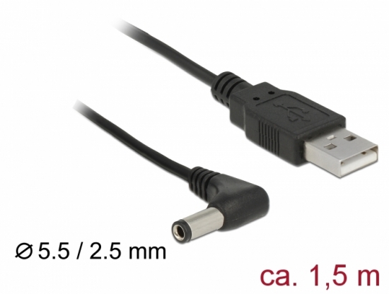 USB Strom Adapterkabel A Stecker - Hohlstecker 5,5 x 2,5mm 90 gewinkelt 1,50m
