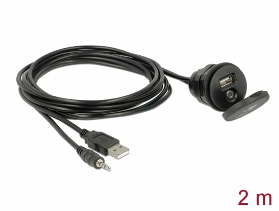 Kabel, USB Typ A + 3,5 mm 4 Pin Klinke - Einbaubuchse mit Verschlukappe, schwarz, 2,0m