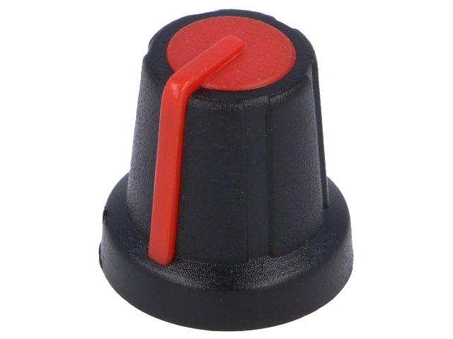 Drehknopf für gerändelte 6,0mm Achse, mit Anzeige, 16x16mm, schwarz/rot