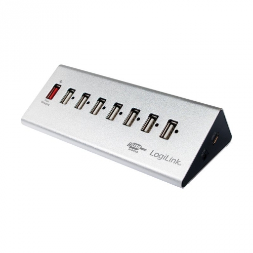 LogiLink USB 2.0 Hub, 7-Port + 1x Schnellladeport, Aluminium, inkl. Netzteil