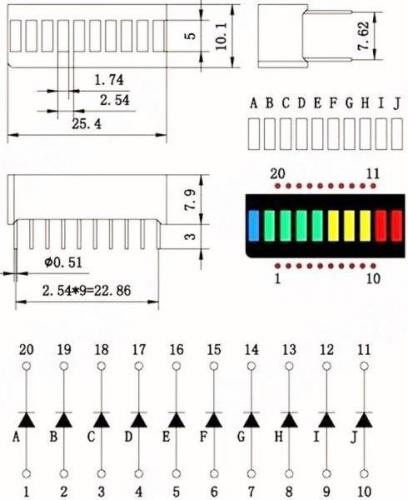 10 Segment LED Bargraph Anzeige, 10 Balken, 1x rot / 3x gelb / 4x grn / 1x blau