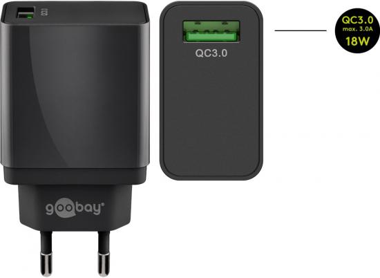 USB Schnellladegert / Netzteil, QC 3.0, USB-A, 18W, schwarz