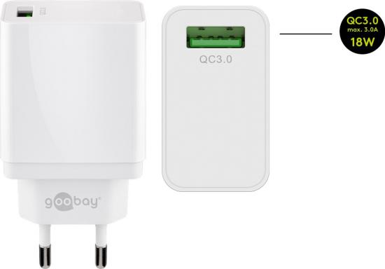 USB Schnellladegert / Netzteil, QC 3.0, USB-A, 18W, wei
