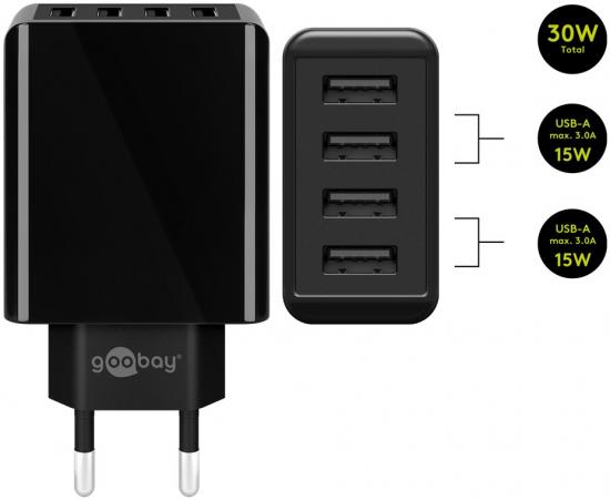 4 Port USB Ladegert / Netzteil, 4x USB-A, 30W, schwarz