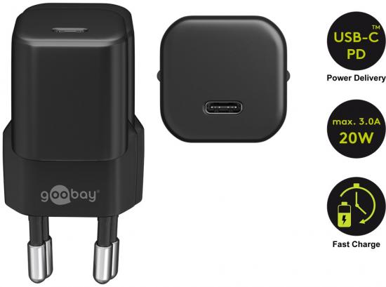 USB Schnellladegerät / Netzteil, Power Delivery, USB-C, 20W, nano, schwarz