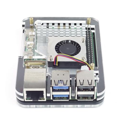 Slim Acryl Gehuse fr Raspberry Pi 5 + Active Cooler, stackable, transparent/schwarz