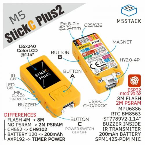M5Stack M5StickC PLUS2 ESP32 Mini IoT Dev Kit, WiFi, 1.14