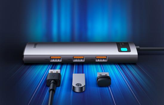 Baseus Metal Gleam 8in1 Hub, USB-C zu 3x USB 3.1 + HDMI 4K@60Hz + USB-C PD + Ethernet RJ45 + SD
