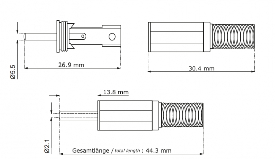 DC-Stecker / Hohlstecker 5,5x2,1mm mit Knickschutz - Lötmontage