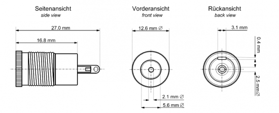 DC-Einbaubuchse für Hohlstecker 5,5x2,1mm, Metallausführung - Lötanschluss
