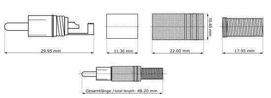 Cinchstecker, Metallausfhrung mit Knickschutz fr Kabel 7,0mm, Ltmontage - Farbe: schwarz