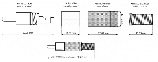 Cinchstecker, Metallausfhrung mit Knickschutz fr Kabel 5,4mm, Ltmontage - Farbe: schwarz