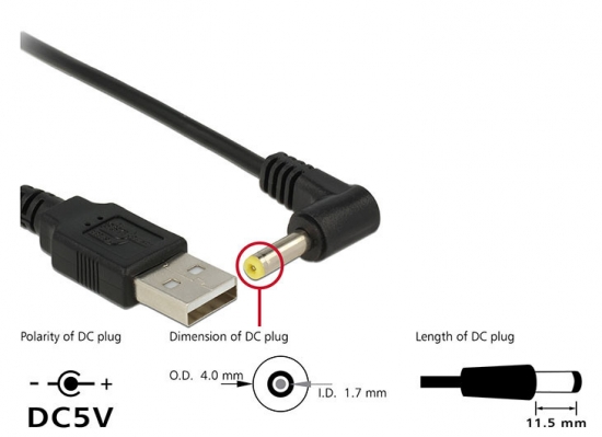 USB Strom Adapterkabel A Stecker - Hohlstecker 4,0 x 1,7mm 90 gewinkelt 1,50m