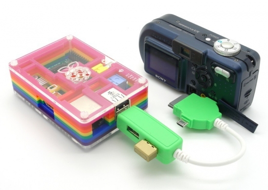 Dual USB Hub mit Micro-USB / Mini-USB / iPhone Dock-Connector - Farbe: pink
