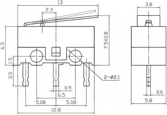 Mikroschalter mit Hebel, Printmontage, 1A/250VAC, ON-(ON), 1-stellig