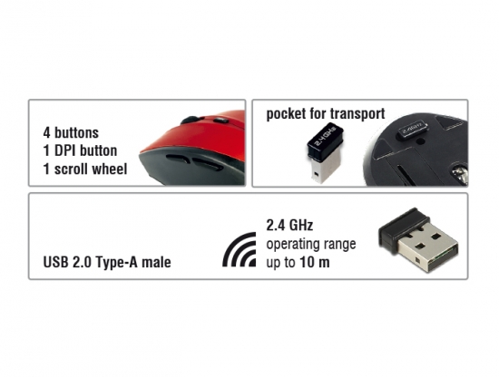 Ergonomische optische 5-Tasten Maus 2,4 GHz wireless schwarz/rot