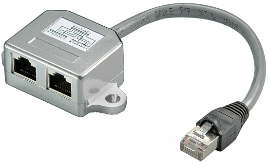 CAT 5e T-Adapter (Port-Doppler), 1x RJ45 Stecker - 2x RJ45 Buchse (1x Ethernet / 1x ISDN)
