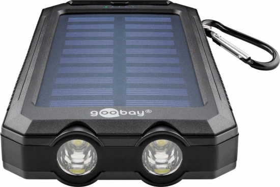 Outdoor Powerbank mit robustem Design, Solarpanel und Taschenlampenfunktion, 8.000mAh, schwarz