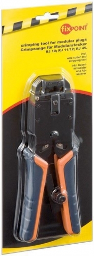 Crimpzange fr Modularstecker (RJ 10/11/12/45) mit Kabelschneider und Abisolierer, blau/orange