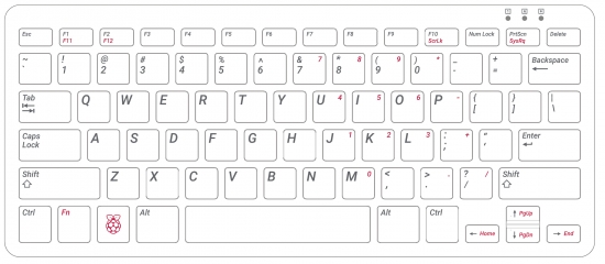 offizielle Raspberry Pi Tastatur, US-Layout, inkl. 3 Port USB Hub, rot/weiß