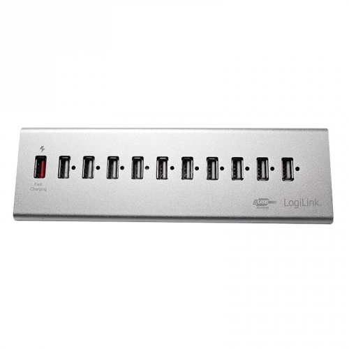 LogiLink USB 2.0 Hub, 10-Port + 1x Schnellladeport, Aluminium, inkl. Netzteil