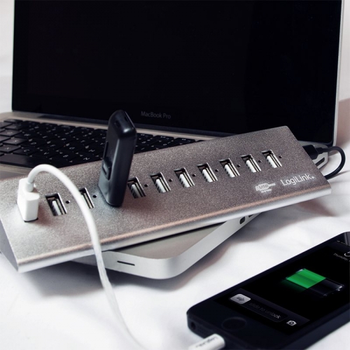 LogiLink USB 2.0 Hub, 10-Port + 1x Schnellladeport, Aluminium, inkl. Netzteil