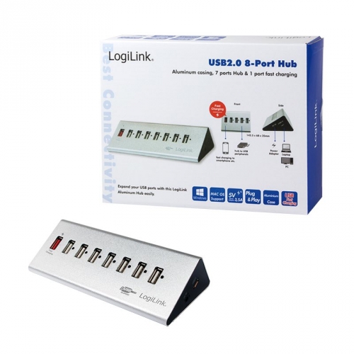 LogiLink USB 2.0 Hub, 7-Port + 1x Schnellladeport, Aluminium, inkl. Netzteil