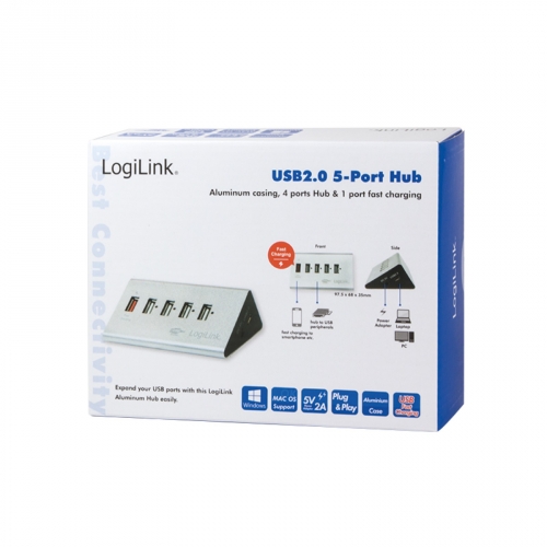 LogiLink USB 2.0 Hub, 4-Port + 1x Schnellladeport, Aluminium, inkl. Netzteil