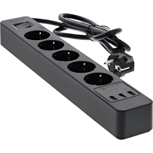 5-fach Steckdosenleiste mit Schalter, berspannungsschutz und 3 USB Ports (QuickCharge 3.0, 1A, 2,4A), schwarz, 1,5m