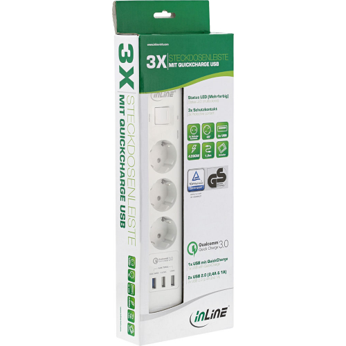 3-fach Steckdosenleiste mit Schalter, berspannungsschutz und 3 USB Ports (QuickCharge 3.0, 1A, 2,4A), wei, 1,5m